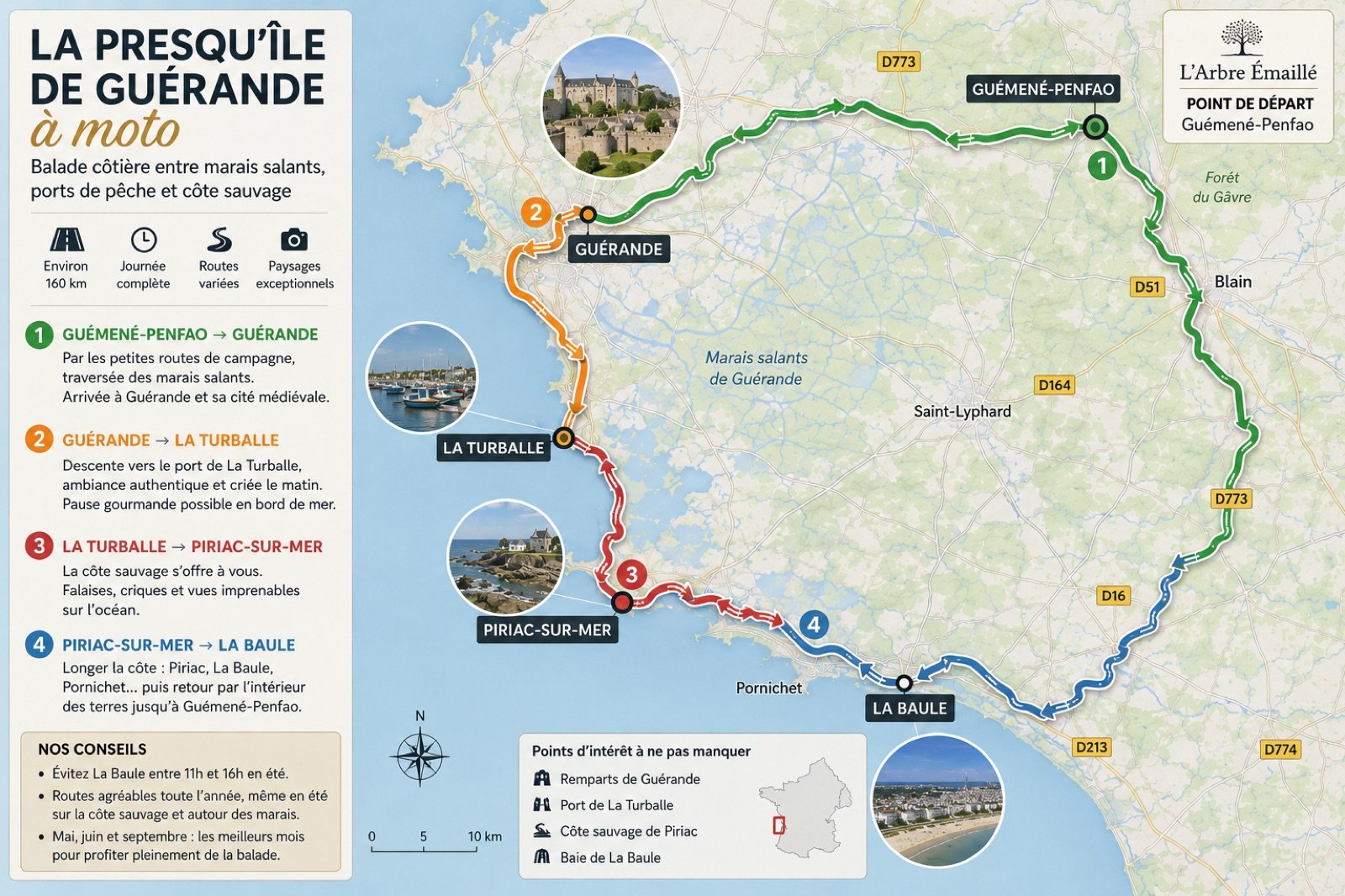 Carte de la balade moto sur la presqu'île de Guérande