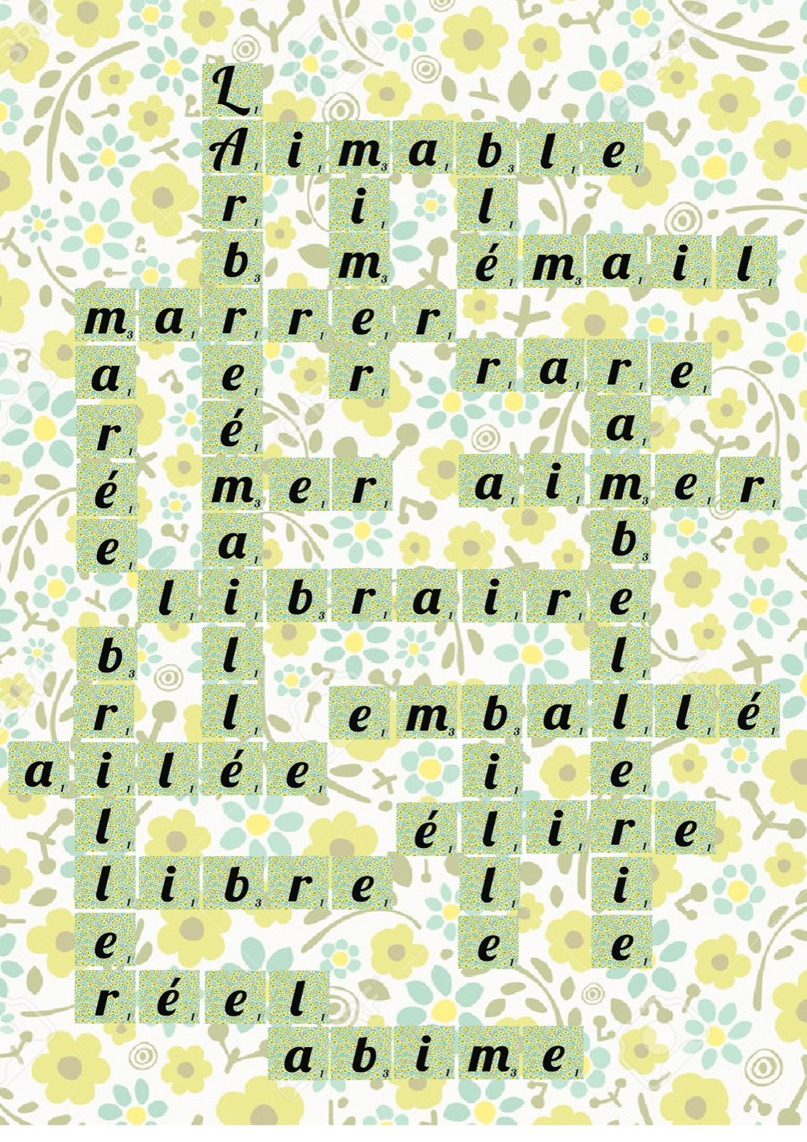 Scrabble grid built from the letters of LA RAMBELLERIE — first combinations (aimable, mer, marrer, aimer, libraire, emballé, ailée, libre, réel, abime)