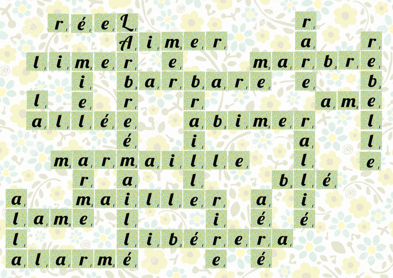 Scrabble grid — continuation (réel, aimer, limer, marbre, rare, barbare, allée, abimer, marmaille, mailler, lame, libérera, alarmé)